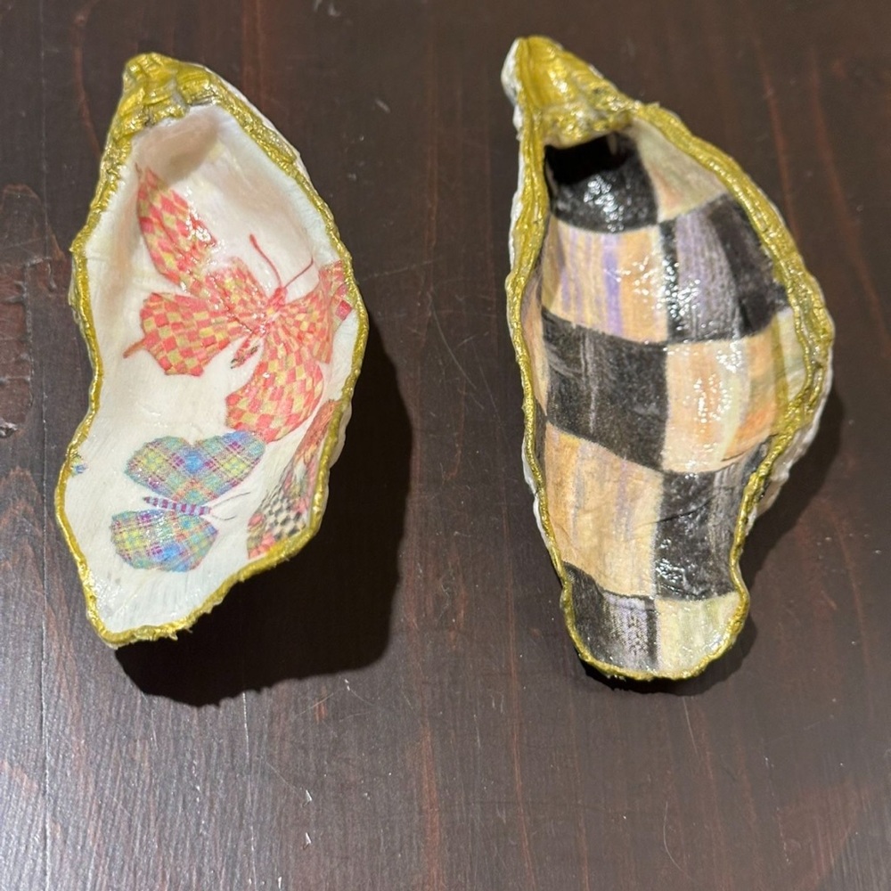 Handmade decoupage catch all shell dish made with Mackenzie Childs napkins